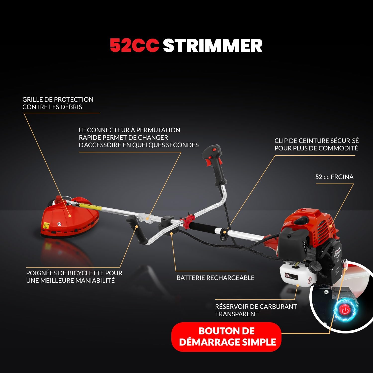 Bu-ko 52 cc d’essence Débroussailleuse de jardin multi-outil – Démarrage électrique par bouton-poussoir et cordon de traction | Coupe-broussailles 3-en-1, taille-haies et fil d’acier pour désherbage |