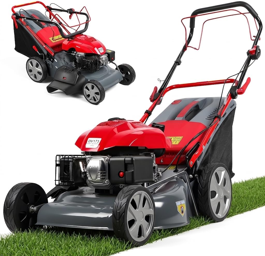 173cc Gas Lawn Mower, Self-Propelled Rear Wheel Drive, Adjustable 3-Speed Settings, 20" Cutting Width, 60L Grass Catcher, Ideal for Large Lawns, Easy Start & Efficient Grass Collect Red