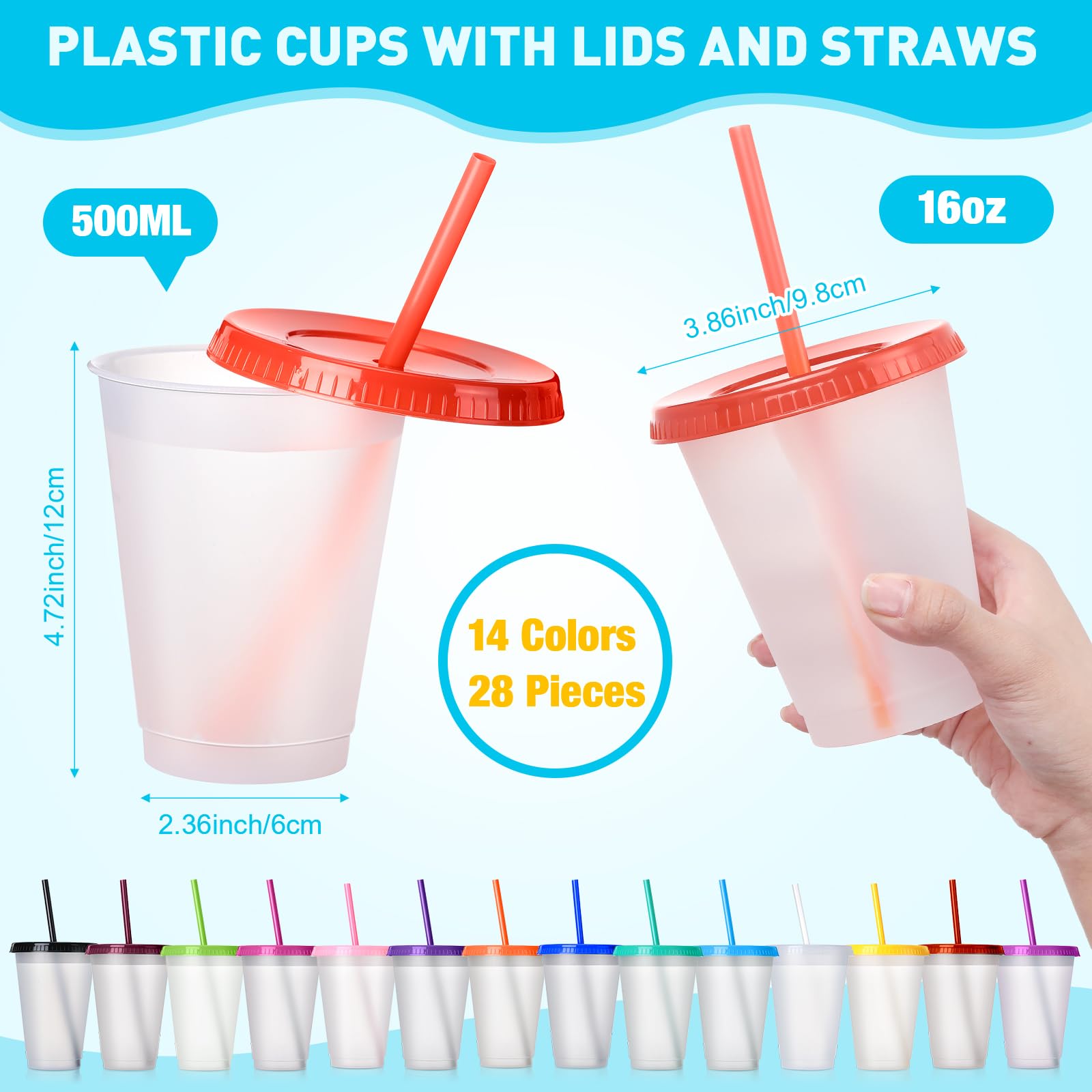 Hsei 28 Packungen Kunststoffbecher mit Strohhalm und Deckel, Bulk-Wasserflasche, Eiskaffee, Reisebecher, wiederverwendbare Kunststoffbecher für Wasser, Smoothie, Party, Geburtstag (473 ml)