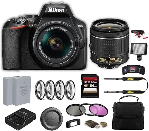 Nikon Cámara D3500 DSLR con lente de 0.709-2.165 in (1590) Paquete avanzado con bolsa, batería extra, luz LED, micrófono, filtros y más (renovado)