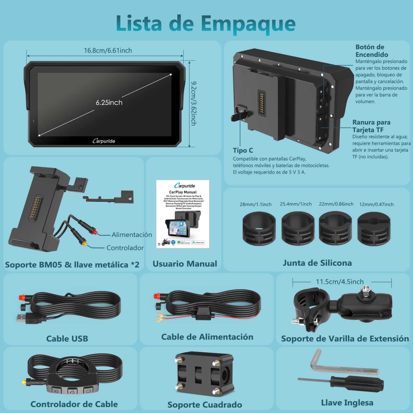 Carpuride W602S Pro Motocicleta Carplay Pantalla con BM05 para Conectar y Usar, Inalámbrico CarPlay y Android Auto, 6,25" Impermeable Táctil Pantalla, OTA, Dual Bluetooth, Intercom, Cable Controlador.