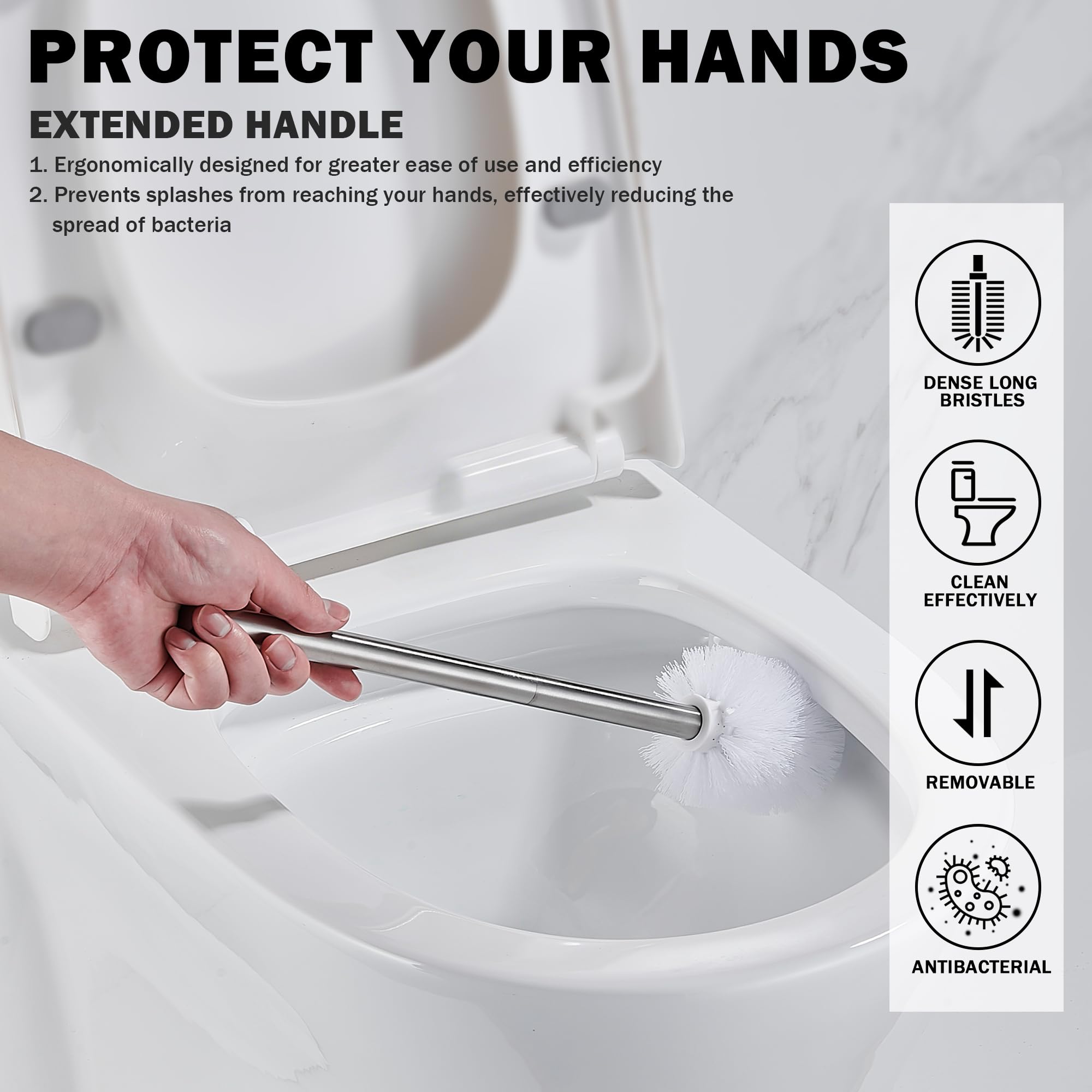 ASKLUND Escobillas de Baño Escobillero WC de Acero Inoxidable con 2 Cabezales,Montaje en Pared/en Suelo, Plata - 5