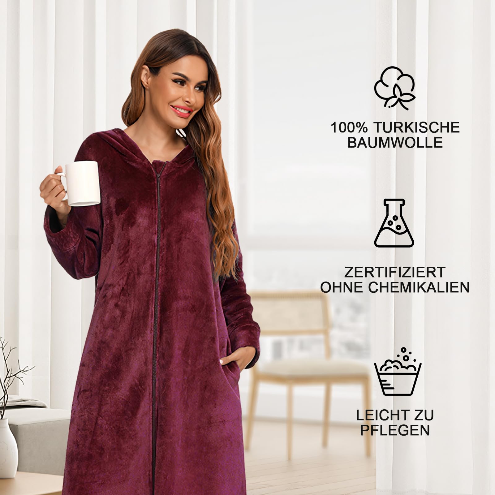 Bademantel Damen und Herren mit Reissverschluss und Kapuze langer Bademantel Fronttaschen Saunamantel Flanell Bademantel