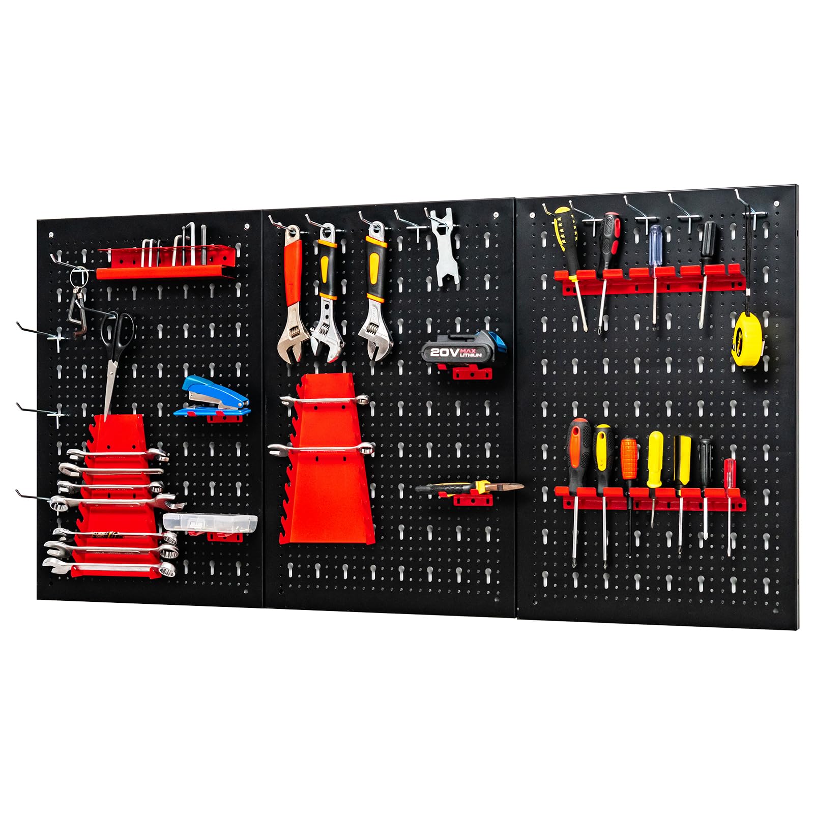 GYMAX Panel Herramientas Pared de Metal, 120 x 60 cm, Soporte Herramientas Pared con 3 Paneles Perforados y 25 Ganchos, Tablero Perforado para Taller, Banco de Trabajo
