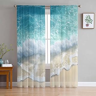 Summer Beach Sheer Curtains 84 Inches Long, Blue Ocean Waves Coastal Light Filtering Window Curtains for Living Room/Bedroom, Seaside Waves Rod Pocket Voile Sheer Curtain Drapes, 52