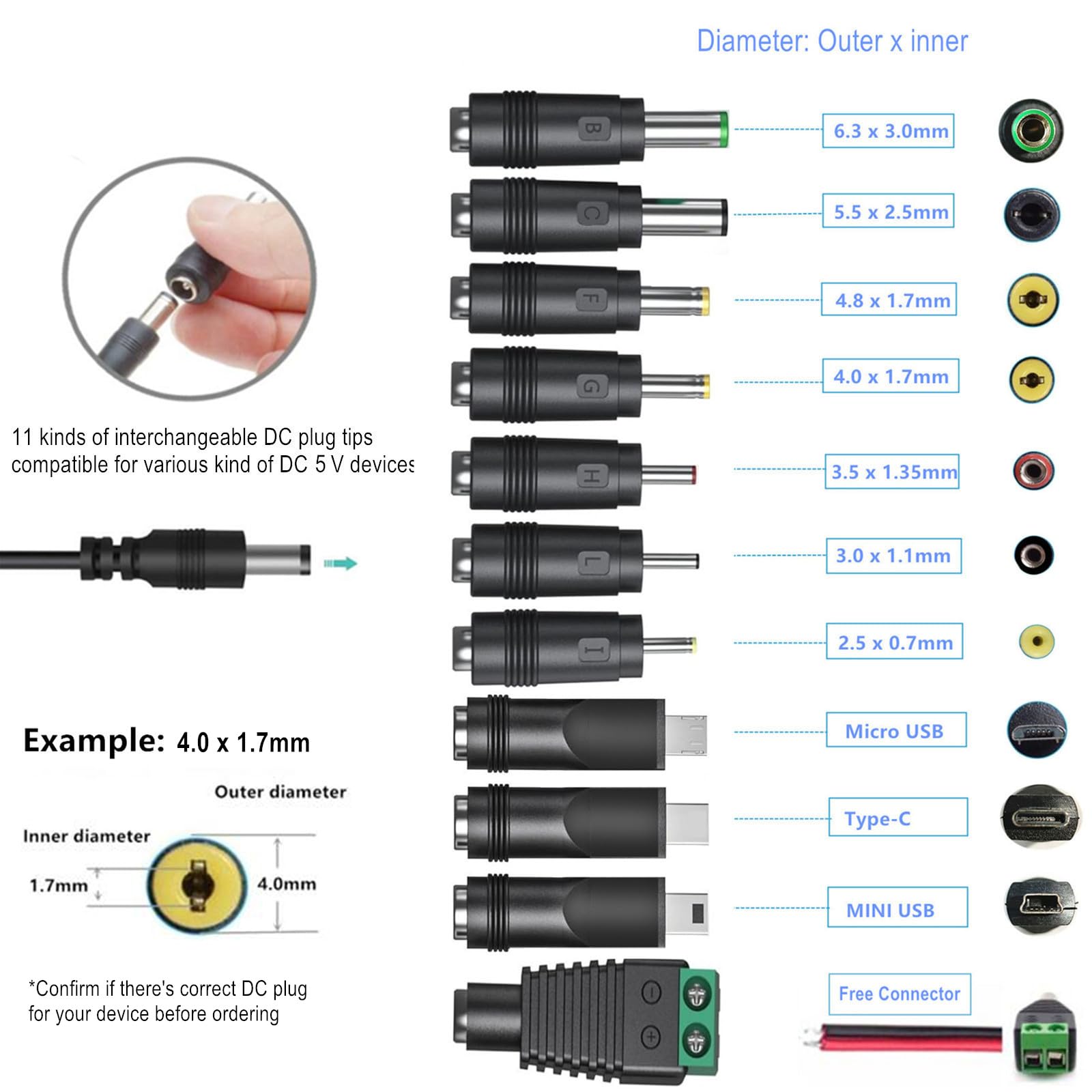 Adaptador universal de CA de 5 V 2 A con 11 puntas de enchufe CC AC a DC5 V 1.5 A, 1 A, 800 mA, 600 mA, 500 mA, 400 mA, 300 mA, 100 mA, adaptador de corriente de 5 V, cargador de pared, adaptador de