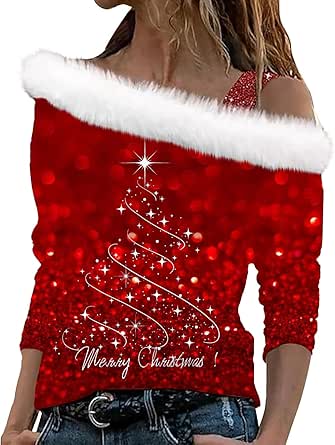 Womens Christmas Cold Shoulder Tops Faux Fur Trim Sparkly Sequin Off