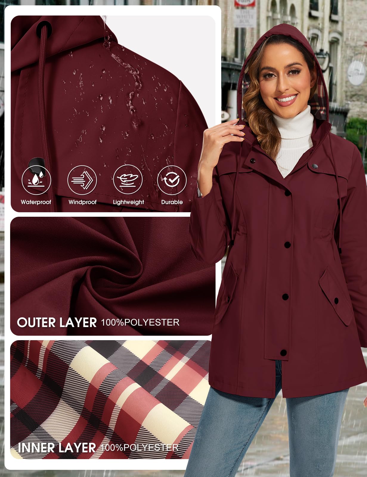UMIPUBO Imperméables Vestes pour Femme Manteau à Capuche Impermeable Imperméable Longue Coupe-Vent Zip Poncho d'Extérieur Coupe Vent Veste de Pluie Printemps Automne