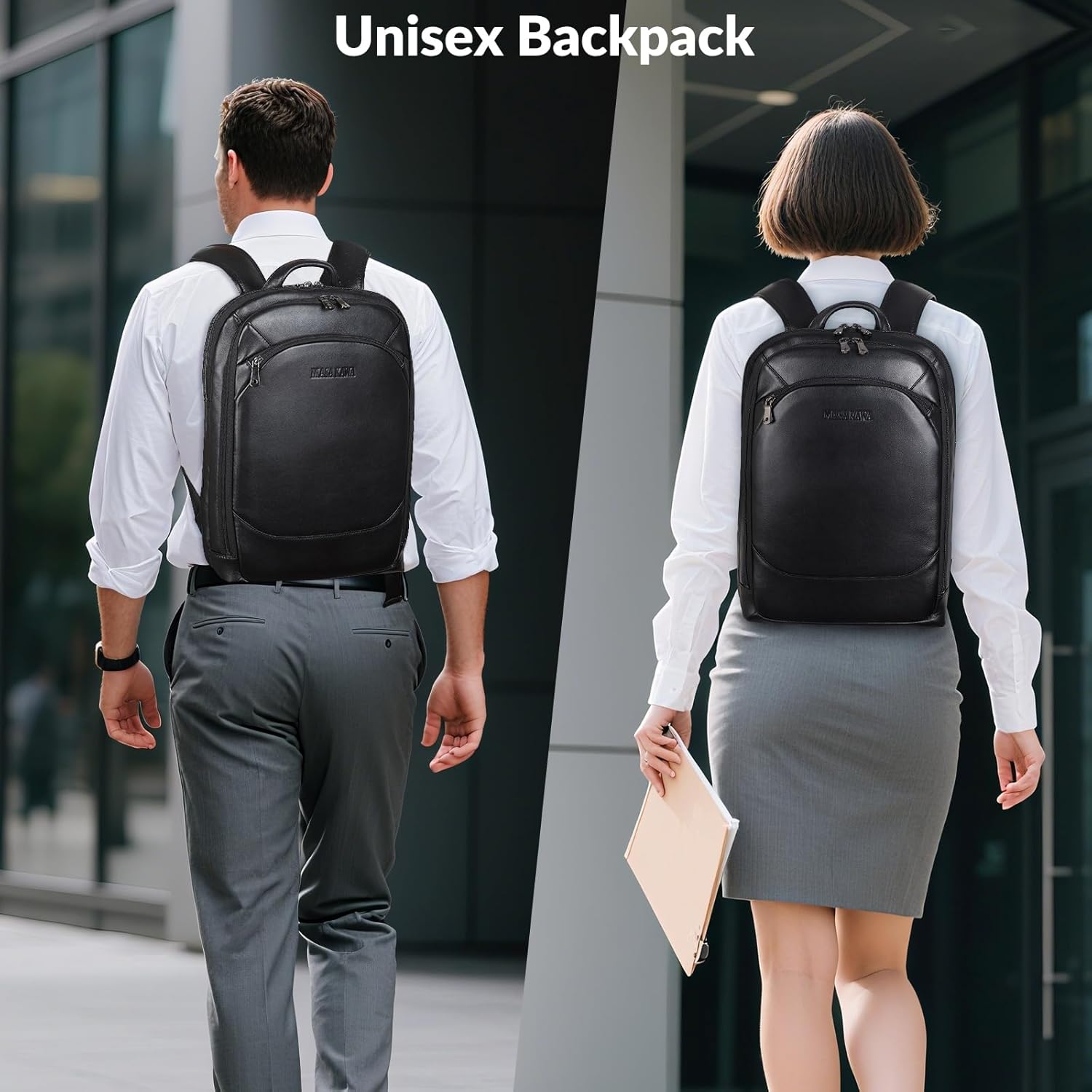Masa Kawa Genuine Leather Backpack For Men & Women Fits 16”Laptop Computer, Black Waterproof Slim Thin Business Work Casual Daypack - Image 2