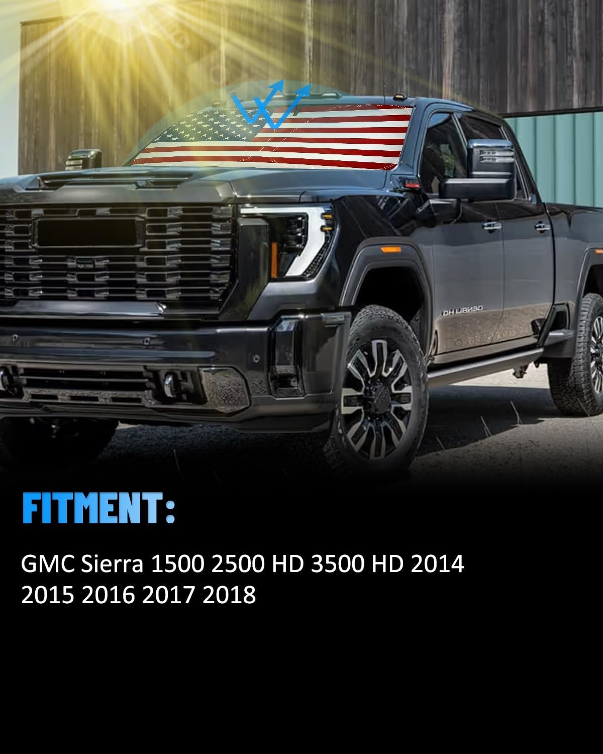 American Flag Car Windshield Sun Shade Compatible with GMC Sierra 1500 2500 3500 2014-2018 - Foldable Reflective USA Patriotic Window Sunshade for UV Protection & Heat Reduction