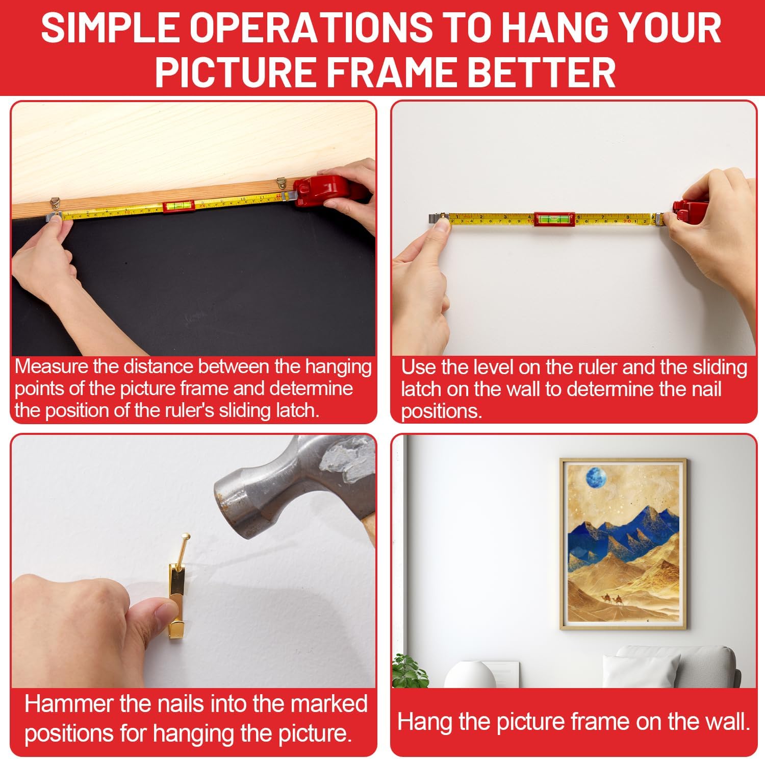 Picture Hanging Leveling Tool - Ergonomic Tape Measure with Level,Hang o Matic Picture Hanger Measuring Tape to Hang Pictures, Mirrors, TVs, and Shelves, Red