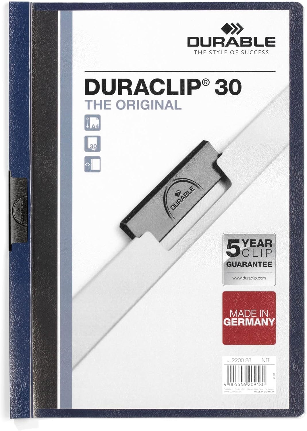Durable Klemm-Mappe Duraclip Original 30, Hartfolie, Dokumentenmappe A4 bis 30 Blatt, Klemmmappe A4 nachtblau, 25er Packung, 220028