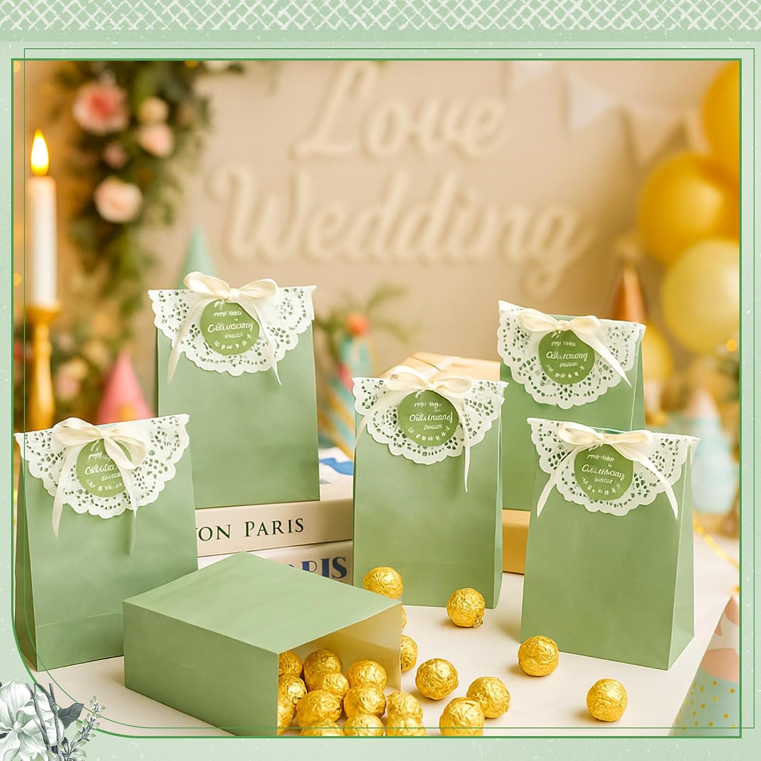 Funrous 48 Pack Wedding Gift Bags for Guests Welcome Sage Green with Thank You for Celebrating with Us Gift Tag 4.7 x 3 x 7.1 in Wedding Thank You Goodie Favor Bags Stuffers Bridal Baby Shower