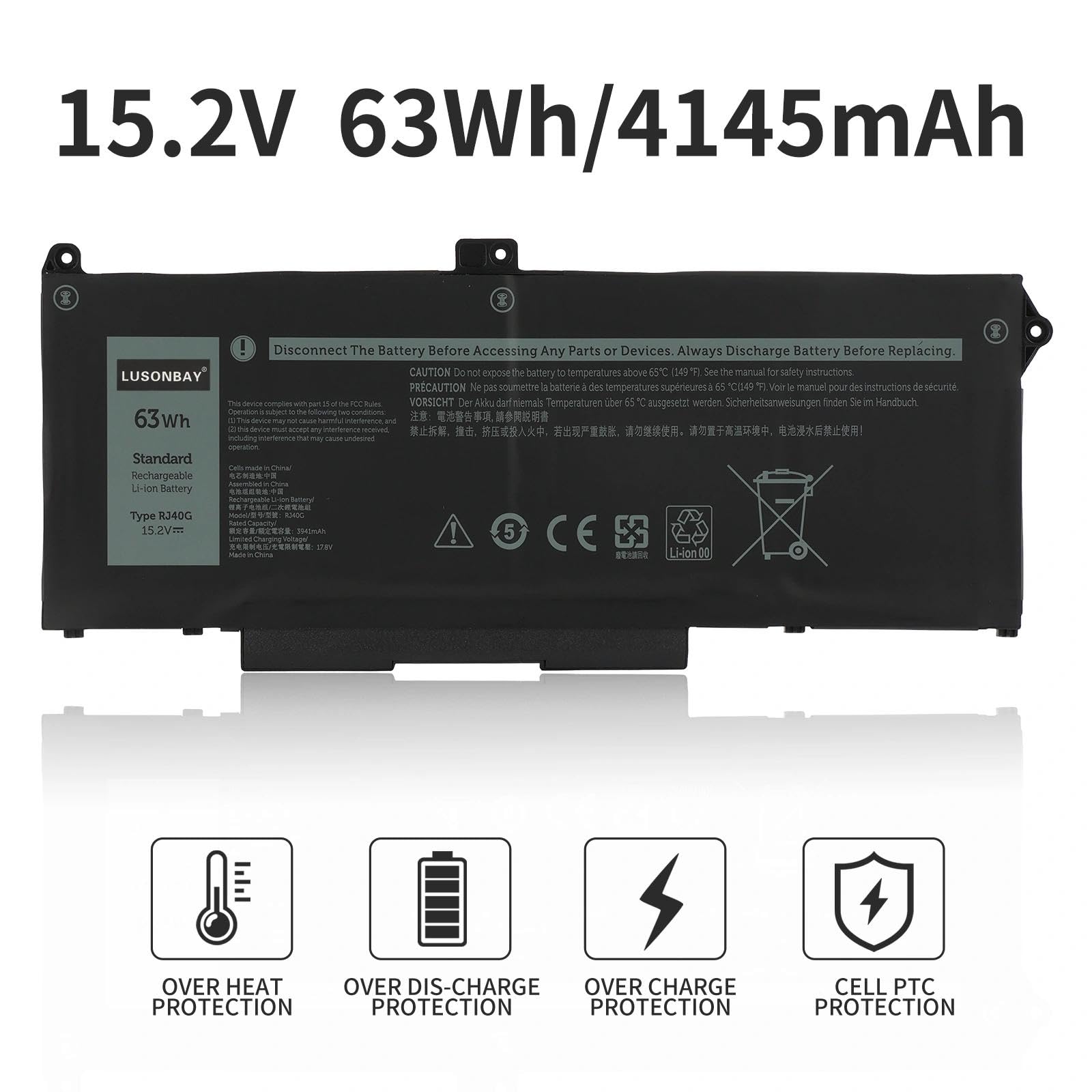 RJ40G - Batería para portátil DELL Latitude 14 5420 Latitude 15 5520 Precision 15 3560 Series P137G P137G001 P104F P104F001 P104F002 005R42 075X16 01K2C2CC2 F WY9D X 0WK3F1 0M3KCN 15.2V 63WH