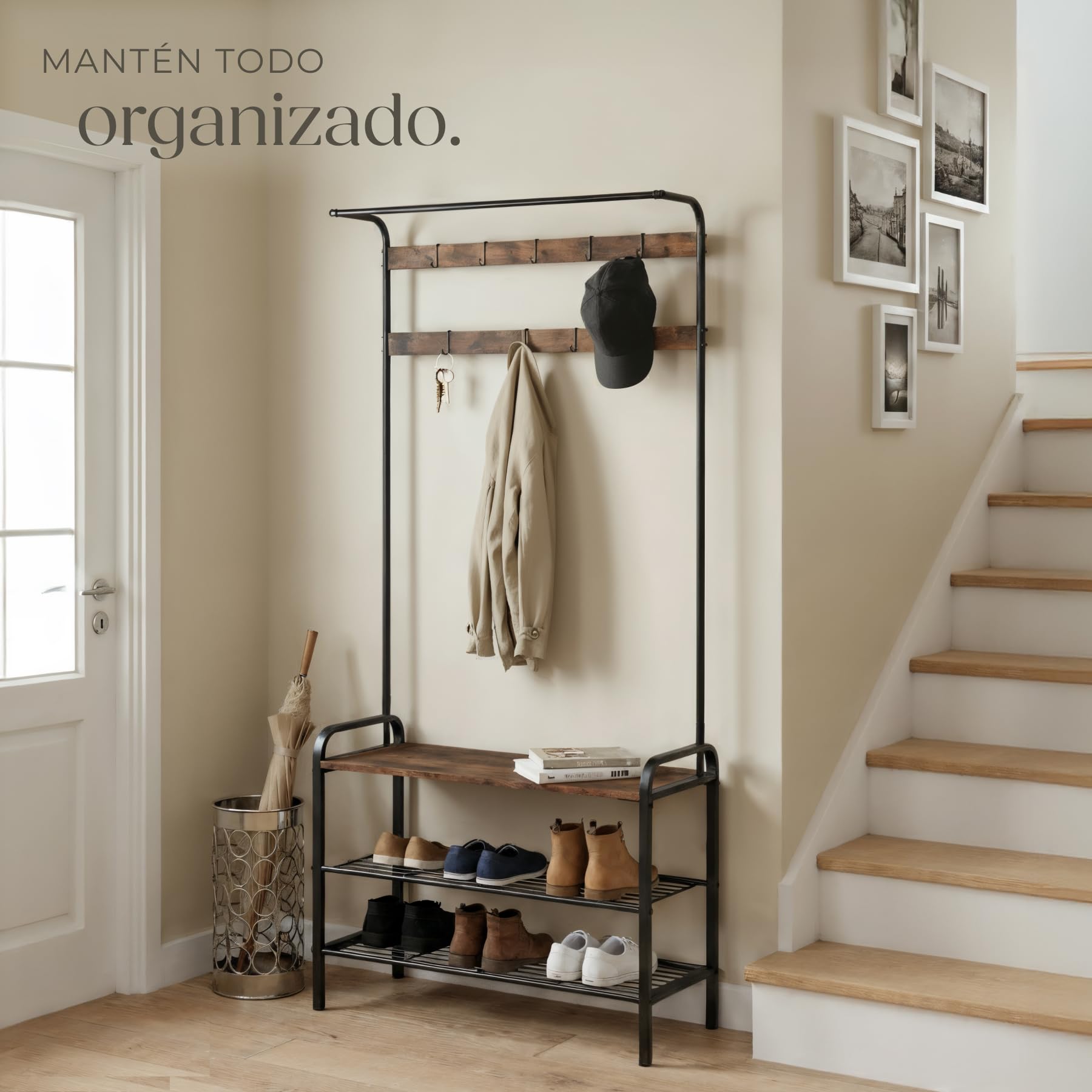 tectake® Perchero Entrada Recibidor, Banco de Madera, Colgador de Ropa, Barra Perchero, Zapatero con Perchero, Dos Estantes, Mueble Zapatero - 85,5 x 36 x 184 cm Madera Industrial Oscura, Rústica
