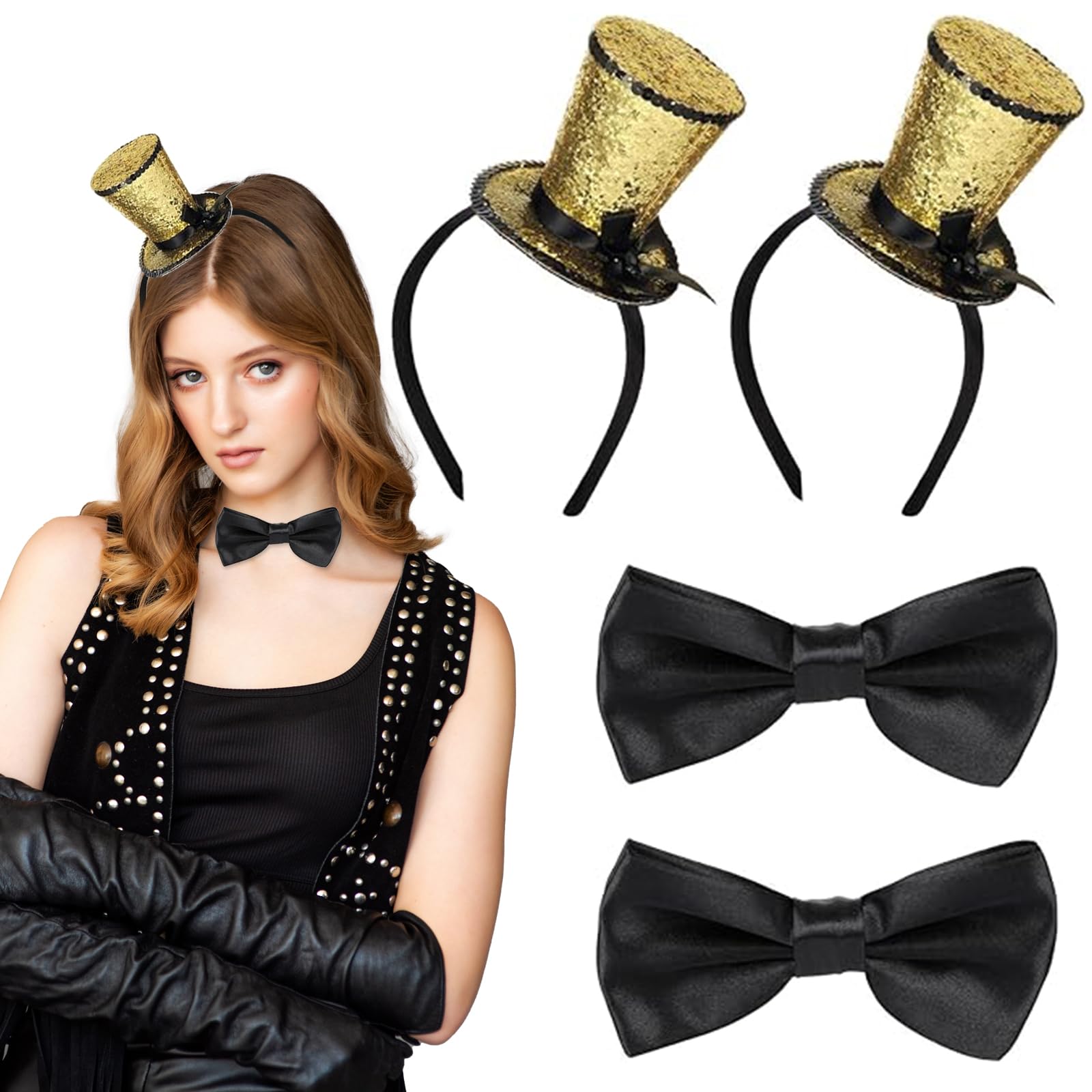 BEIMEIII 4 Pieces Mini Hat Cylinder Set Headband Includes 2 Pieces Black Bow Tie and 2 Pieces Gold Mini Top Hat for Wedding Accessory Headdress Carnival Prom Party