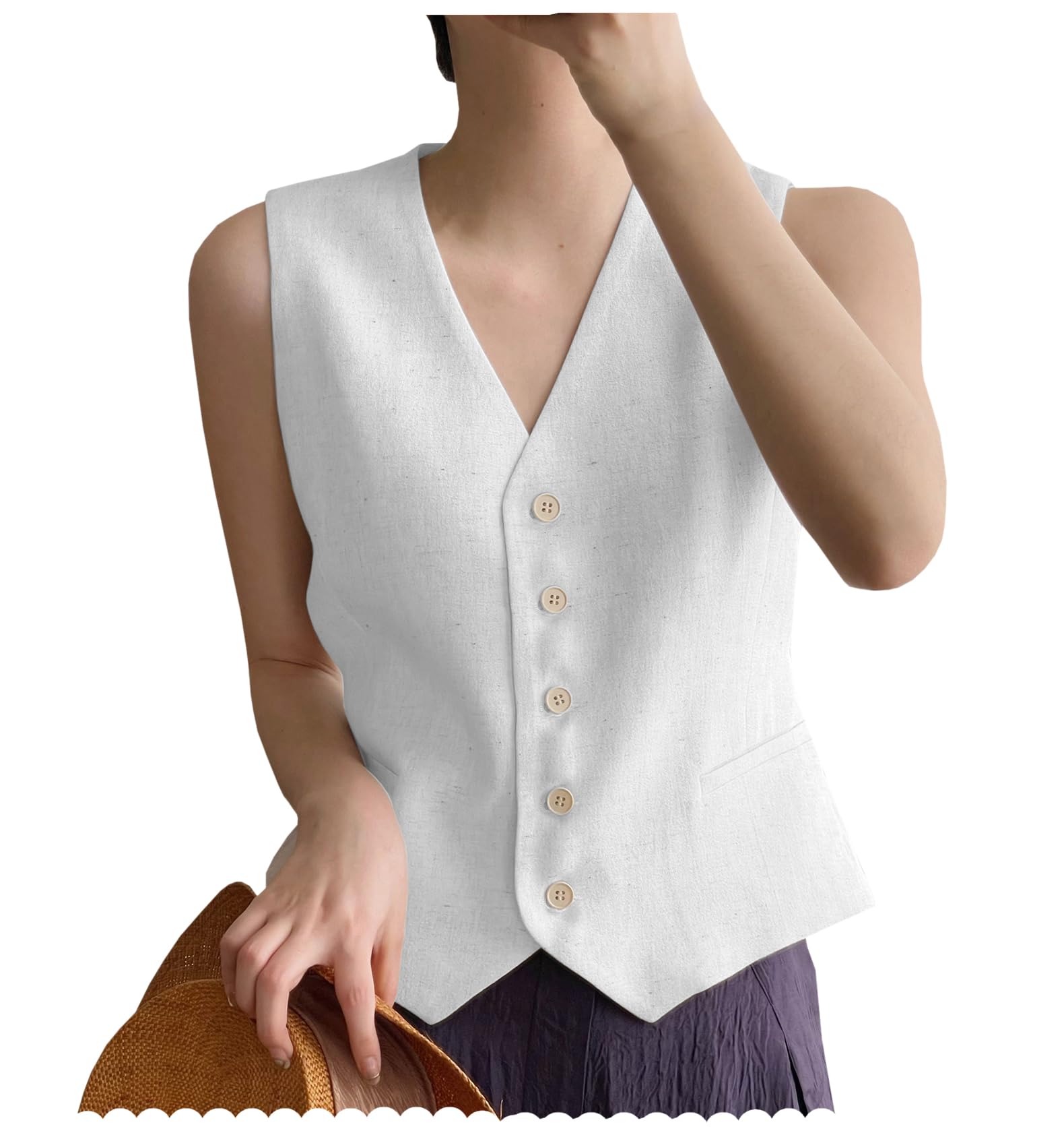 Ceehuteey Womens Linen Suit Vests V-Neck Single Breasted Elegant Waistcoat Business Outfits Top