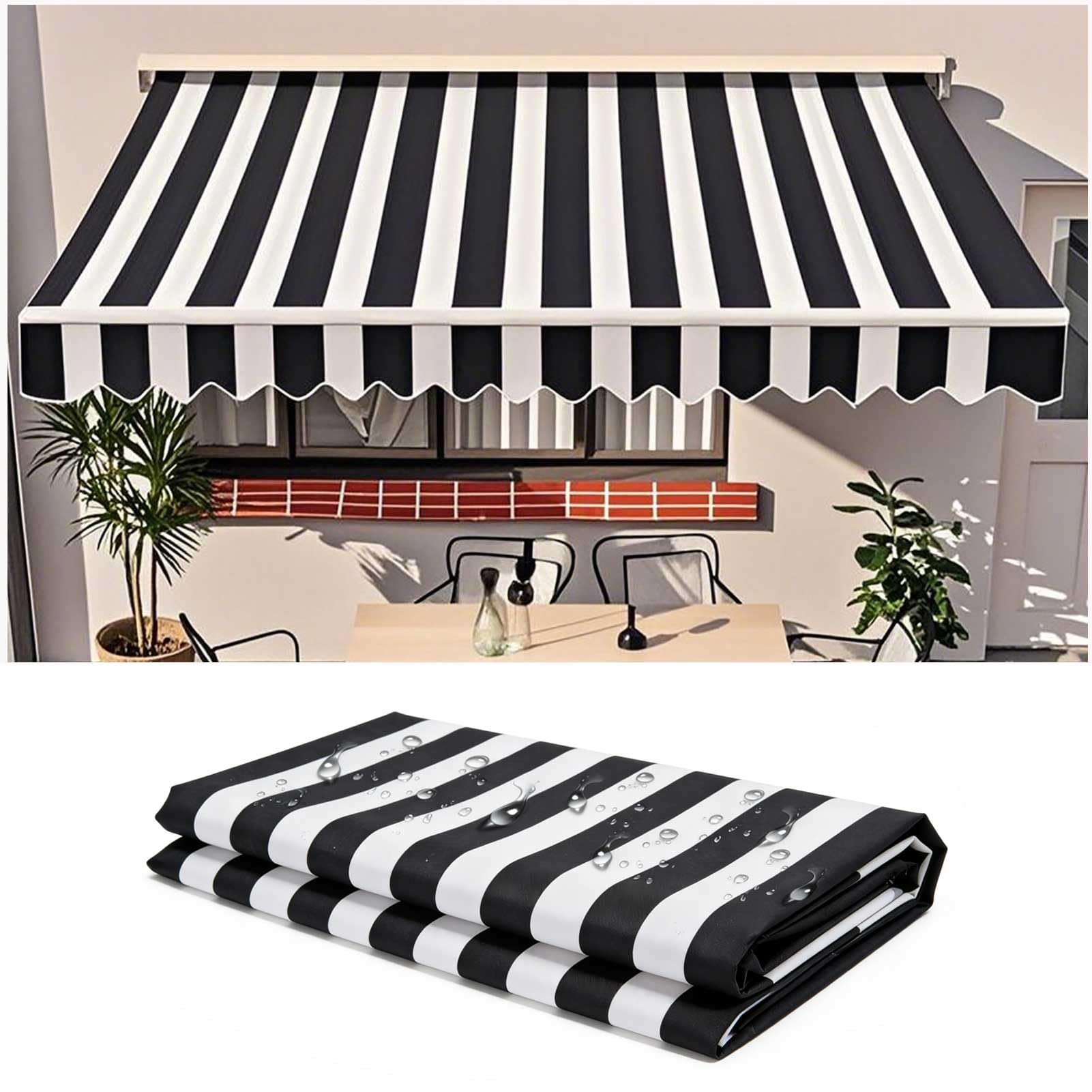 Manual Awning Replacement Fabric Retractable 2.5x5m Outdoor Patio Garden 100% Polyester Canopy, Cover, Sun Shade, Shelter for Yard, Deck, Balcony, Black White Stripes