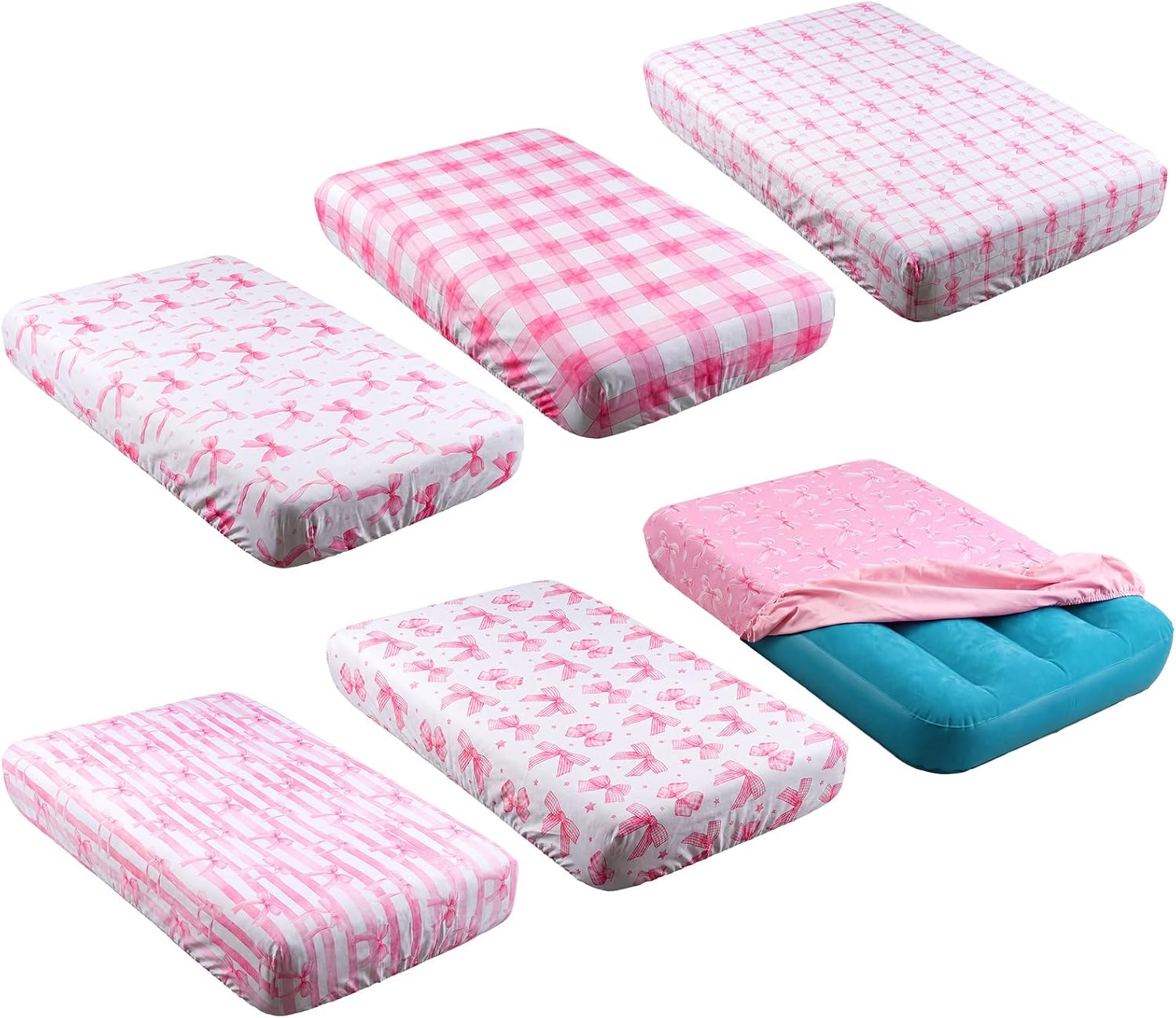 6 Pcs Kid Air Mattress Sheet Pink Bow Pattern Fitted Sheets 62.2 x 34.6 x 7 Inch Inflatable Mattresses Sheets (Sheet Only) Sleepovers Birthday Slumber Party Toddler Floor Sleeping Mats(Cute Bow)
