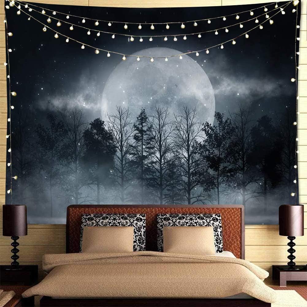 Forest Moon Tapestry, Trippy Tapestry Mystic Forest Starry Night Full Moon Blacklight Wall Hanging Tapestry For Bedroom Living Room Dorm