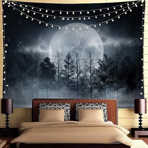 Miniatura 1 de Tapiz de luna del bosque, tapiz trippy de bosque místico, noche estrellada, luna completa, luz negra, tapiz colgante de pared para dormitorio, sala