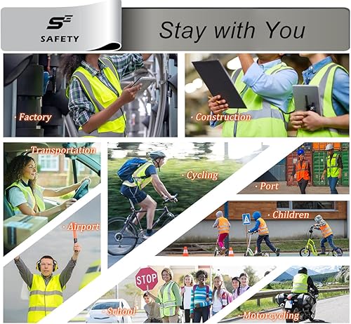 Miniatura 6 de Chaleco de seguridad de alta visibilidad, chaleco Hi Vis con cremallera y bolsillos negros resistentes, chaleco de construcción de seguridad para