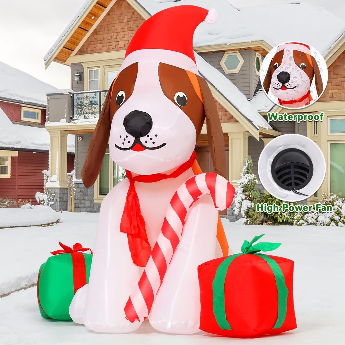 GOOSH 5 FT Christmas Inflatables Dog Outdoor Decorations Blow Up Beagle Dogs with Gift Box with Built-in LEDs for Xmas Party Indoor Garden Lawn Decor