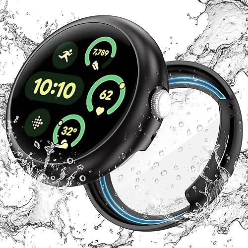 Goton Waterproof Case for Google Pixel Watch 3 2 1 45mm 41mm Screen Protector, Hard PC Slim Face Cover Bumper High Sensitive HD Screen Protector for Google Pixel Watch, 41mm Black - Black - 41mm (Google Pixel Watch 3/2/1)