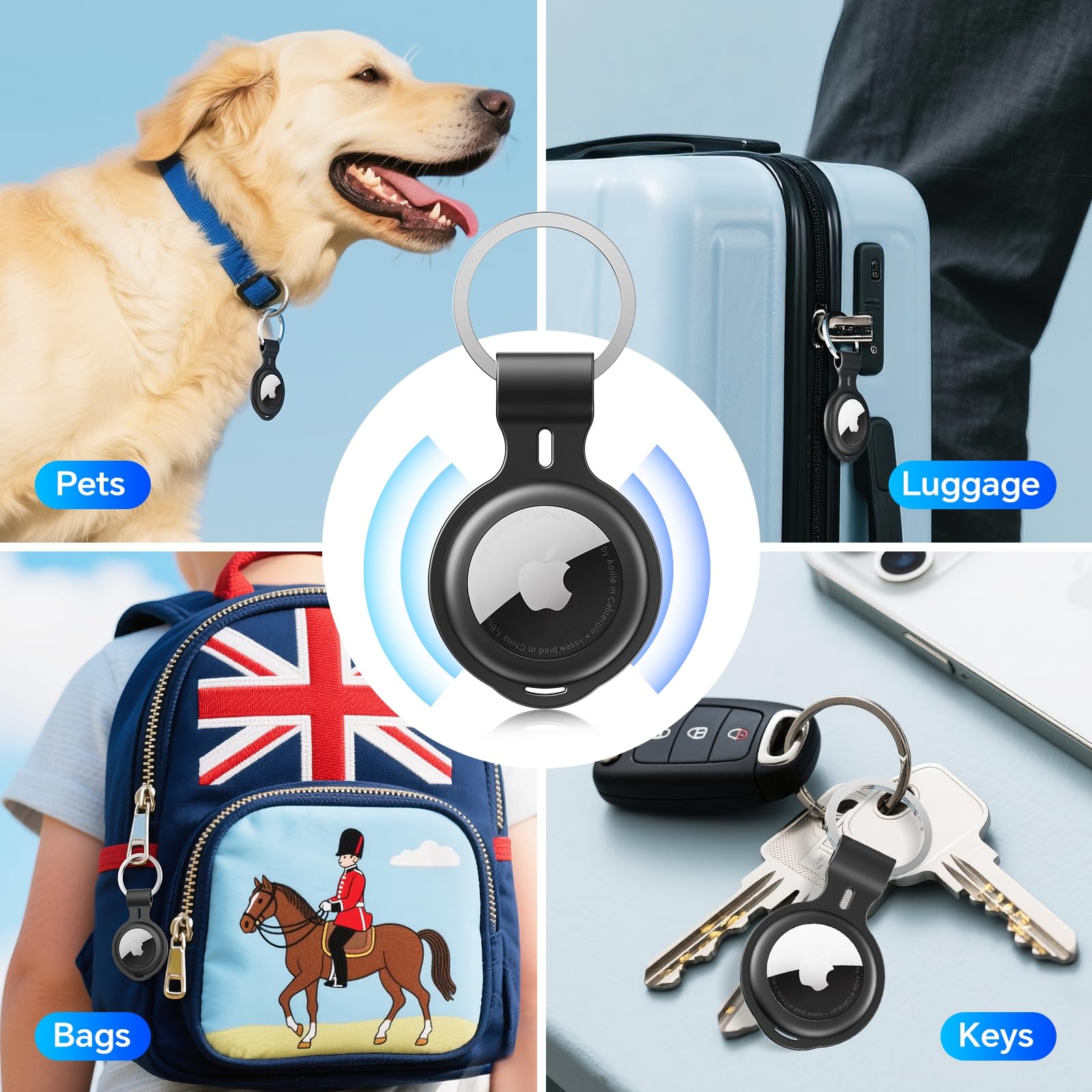 4 Pack Case Compatible with Apple AirTags Holder Keychain Shockproof Silicone for Air Tags Keys Luggage Pets Backpack Secure Fit Anti Loss Durable Metal Key Rings Protective Cover Tracker Accessories — view 6