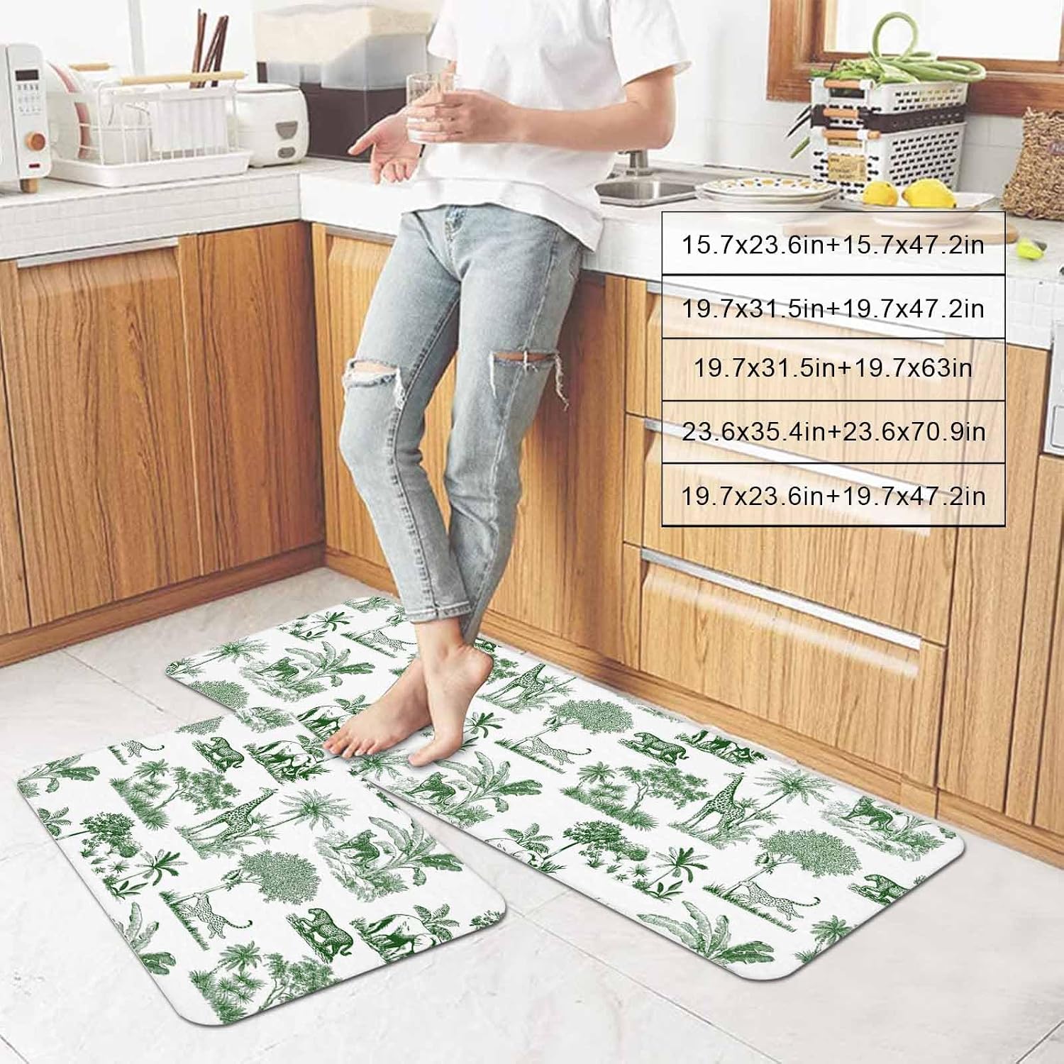 Prime Leader Forest Animal Kitchen Mat Set 2 Pieces Vintage Forest Elephant Giraffe Green Non Slip Kitchen Rugs Washable Runner Rug Mats for Sink Laundry (15.7" x 23.6"+15.7" x 47.2")
