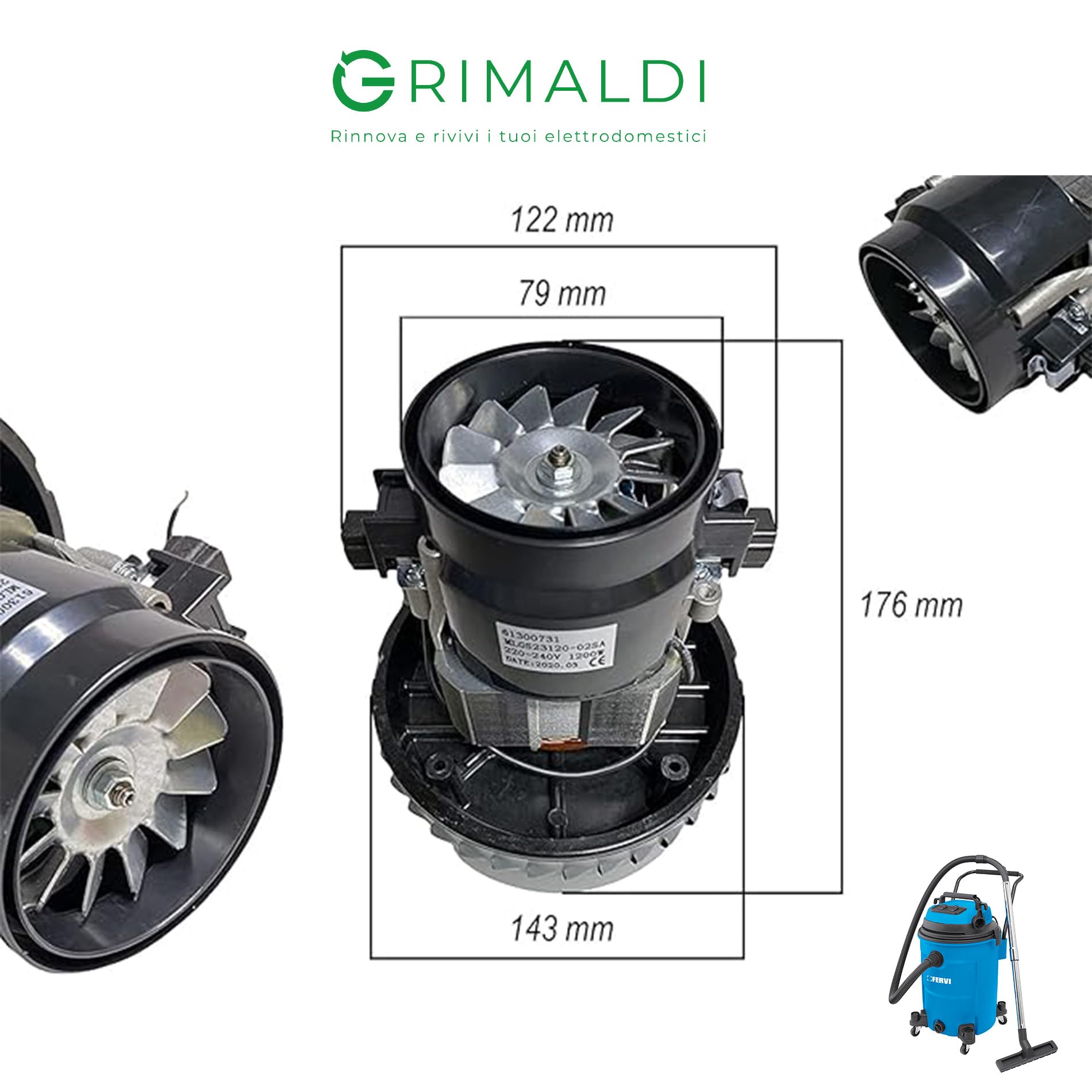 G GRIMALDI Motore Aspirapolvere 1200W Liquidi Bidoni Industriale Bistadio Autolavaggi H032