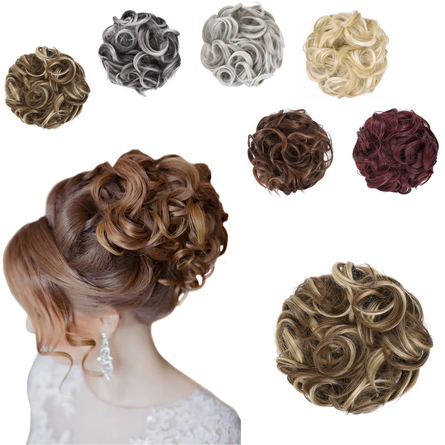 Elaine Big Messy Bun Extension Curly Hair Buns Hair Pieces for Women Synthetic Wavy Large Scrunchies Thick Updo Ponytail (Ash Blonde & Medium Golden