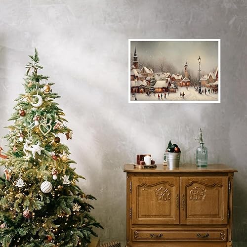 Miniatura 2 de Huabsad Lienzo vintage de Navidad para pared, estilo retro, del siglo XIX, nieve, invierno, aldea, paisaje, famosa, pintura al óleo, impresiones
