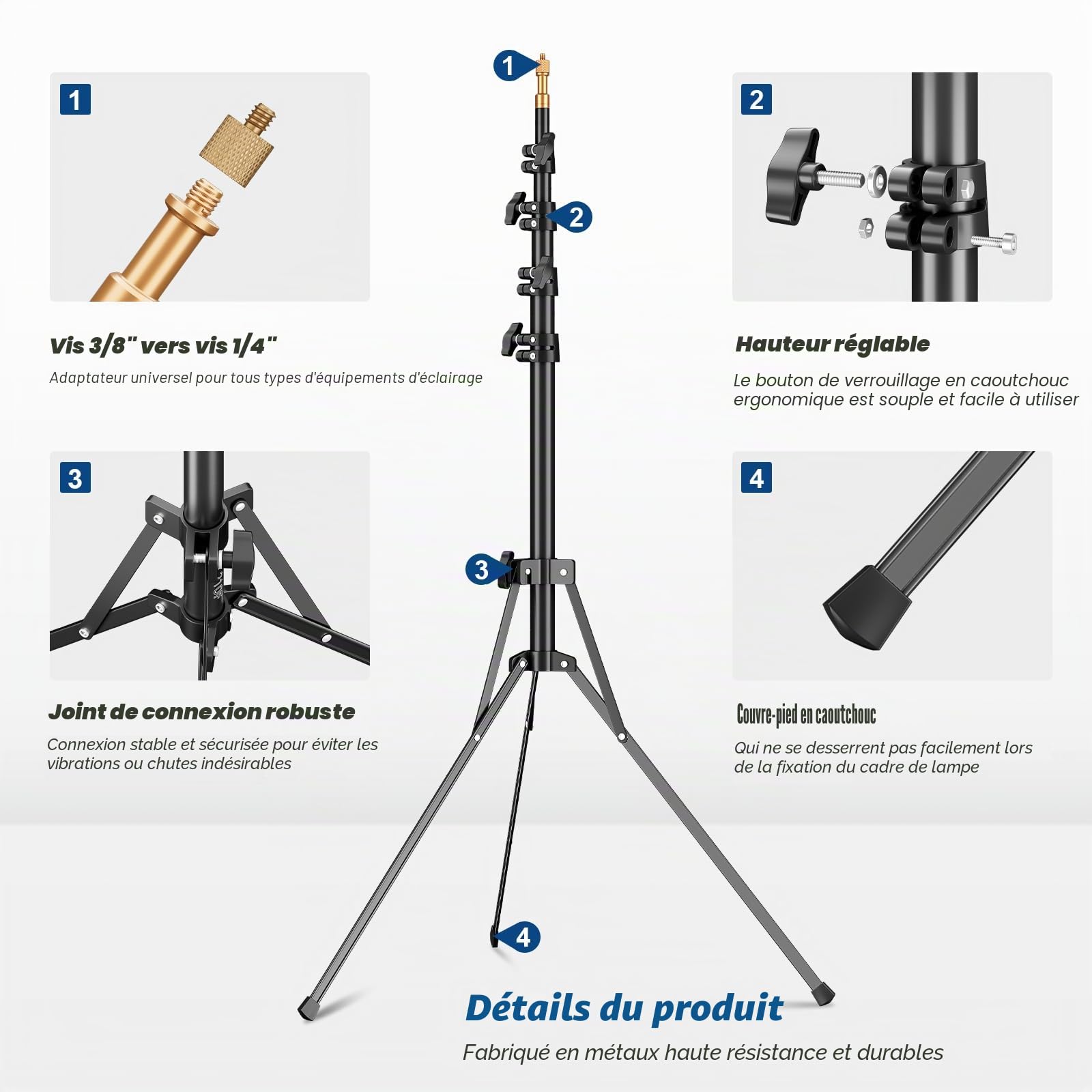 Godox Support de lumière Extensible 210 cm/83,9 Pouces avec vis Universelle 1/4" et 3/8" Réversible Portable Studio Lighting Trépied avec Sac de Transport pour boîte à lumière stroboscopique