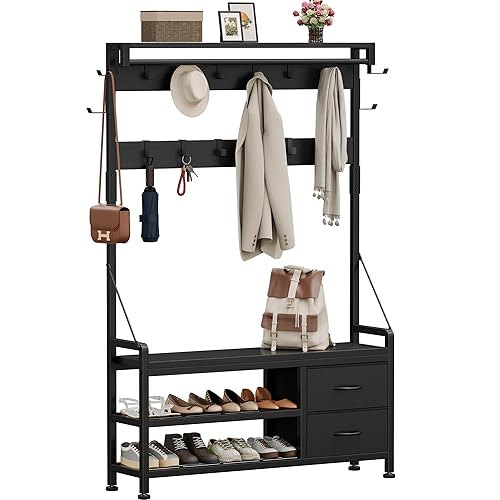 Lulive Hall Tree with Bench and Shoe Storage, 39.4” Entryway Bench with Coat Rack freestanding, 5 in 1 Entryway Furniture Organizer Large Coat and Shoe Rack with 21 Hooks and Drawers, Black - 39.4"W - Black