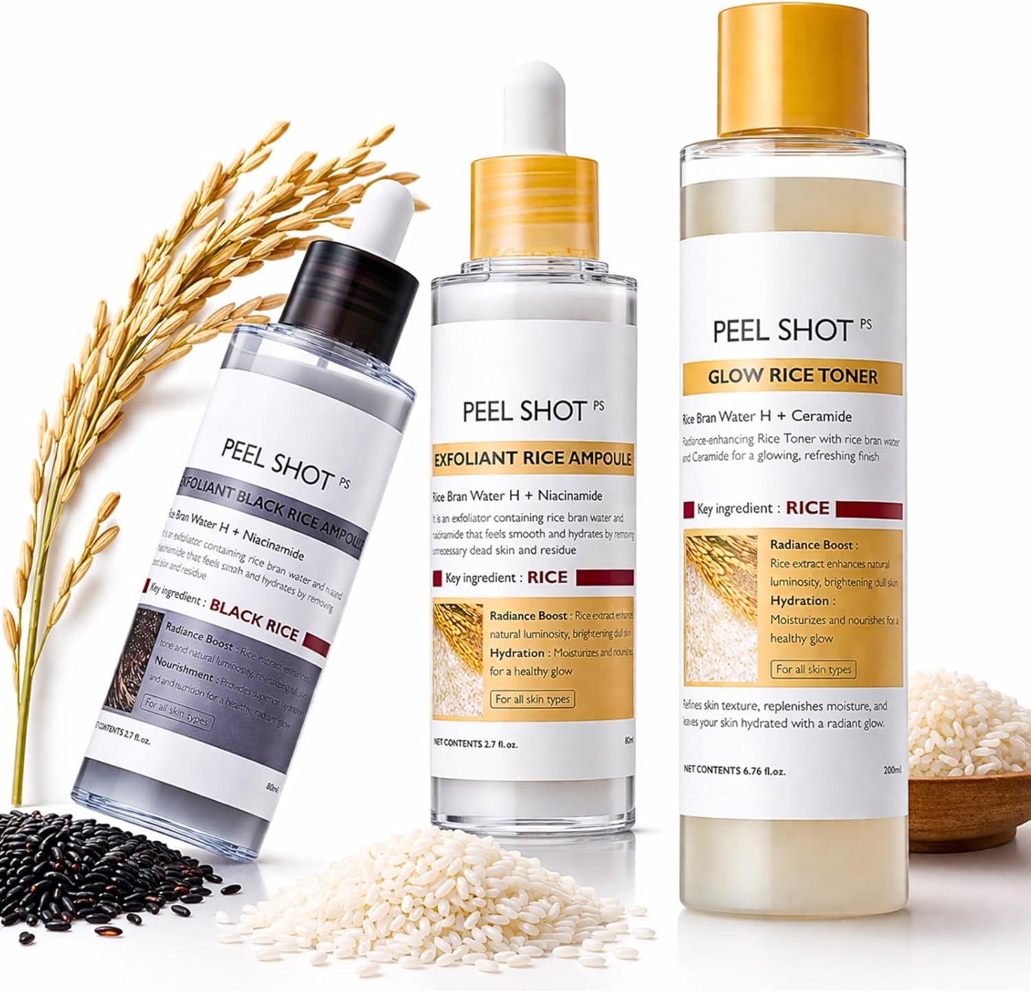 3PC Peel Shot Glow Rice Complete System | White Rice & Black Rice Exfoliant & Hydrating Rice Toner | Gentle AHA BHA Exfoliating Face Body Scrub & Pore Care | Korean Skincare Set for All Skin Types