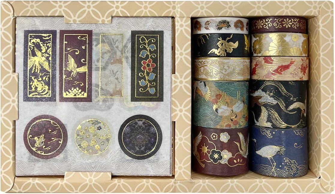 allydrew Decorative Gold Foil Washi Tape and Sticker Set for Stationery, Diary, Card Making (10 Rolls & 10 Sheets), Cranes Floral