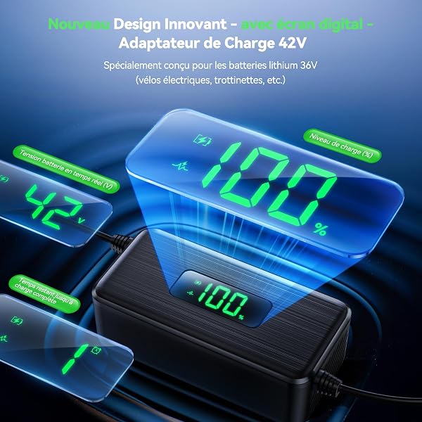 Dufuso 42V 2A Chargeur Trotinette Electrique avec Écran LED de Charge(%), Chargeur Hoverboard avec 4 Connecteurs, Chargeur Universel pour Toutes Les Batteries Lithium de 36V, avec Ninebot, Xiaomi - 2