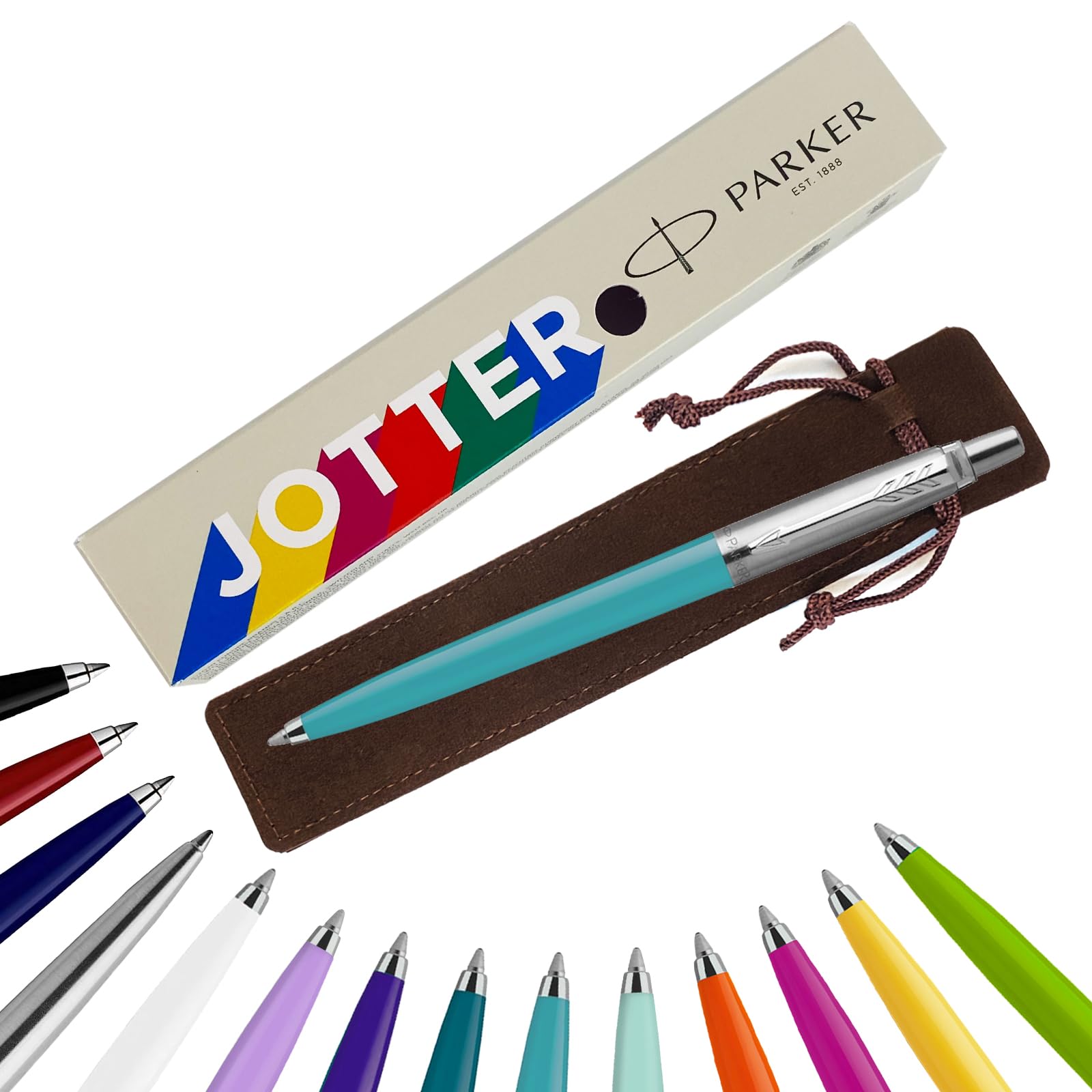 Parker Jotter Ballpoint Pen Handwriting Pens & Stationery Supplies - Ideal for Birthdays/Anniversarys Can be Engraved! (Without Engraving, Caribbean Blue, Carded Gift Box (Eco-Friendly))