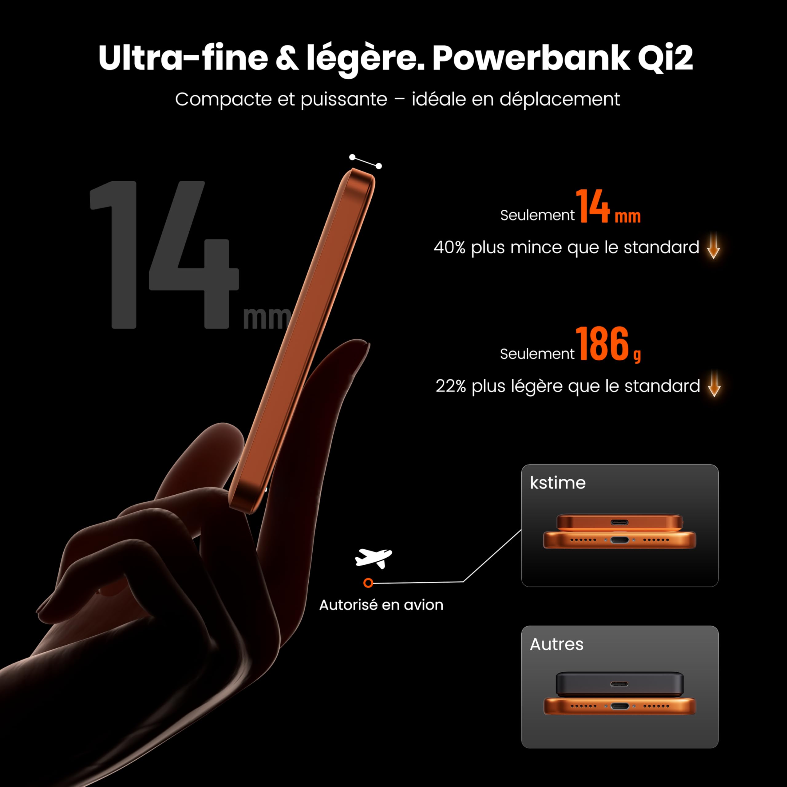 PD20W Batterie externe magnétique 10 000 mAh, design titane ultra fin, 14 mm, chargeur portable sans fil avec entrée et sortie USB-C, compatible avec iPhone 17/16/15/14/13/12 Series et Apple Watch