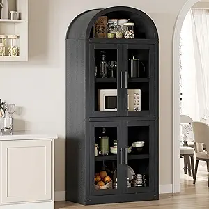 GarveeHome Arched Bookshelf with Doors Farmhouse Bookcase 15.83in Depth Display Storage Shelves 71.4in Tall Wooden Display Cabinet Rounded Bookcases for Living Room, Kitchen, Office (Black)