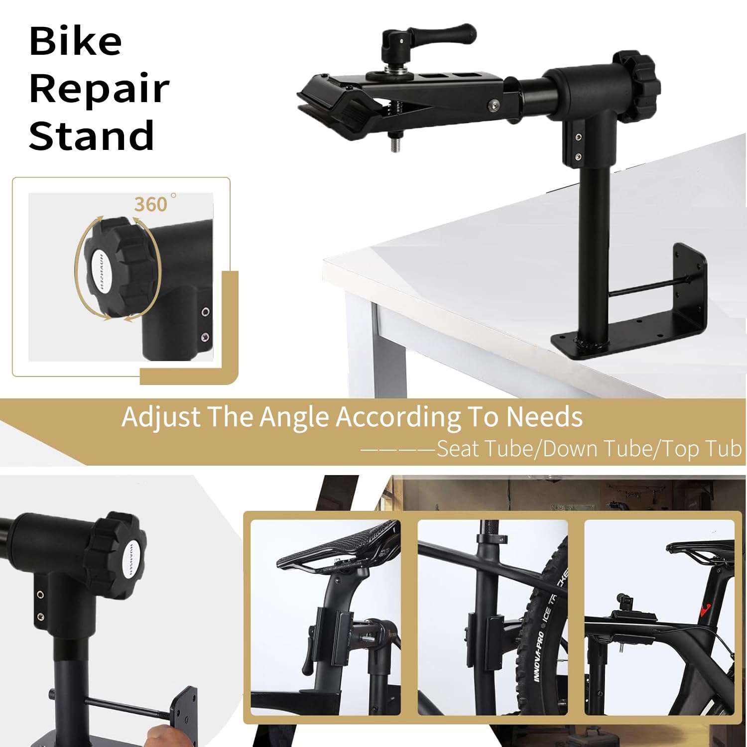 2 en 1 Support Velo Mural, Pied Atelier Velo, Montage Mural et Établi Stable, Rotatif à 360°, Capacité 40kg pour VTT et Vélos de Course pour Entretien et Réparation Bicyclette