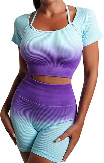 Workout Outfits for Women 2 Piece Sports Top + Seamless Ribbed High Waist Leggings Color Gradient Exercise Set