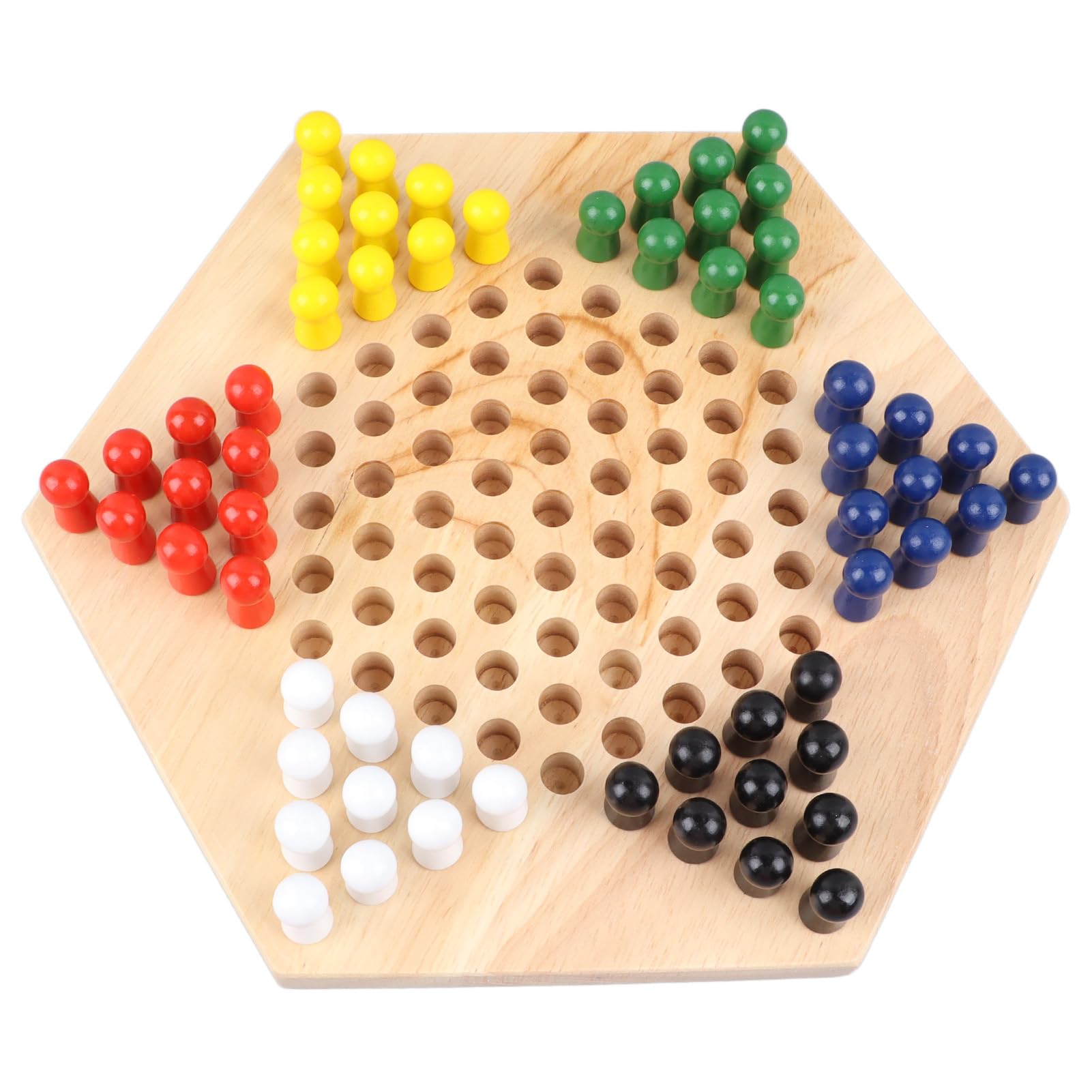 Checkers, Damespiel aus Massivholz mit Holzstiften, Chinesisches Checkers Hölzernes Buntes Brettspiel, Traditionelles sechseckiges chinesisches Familien-Damespielset aus Holz, Strategiespiel