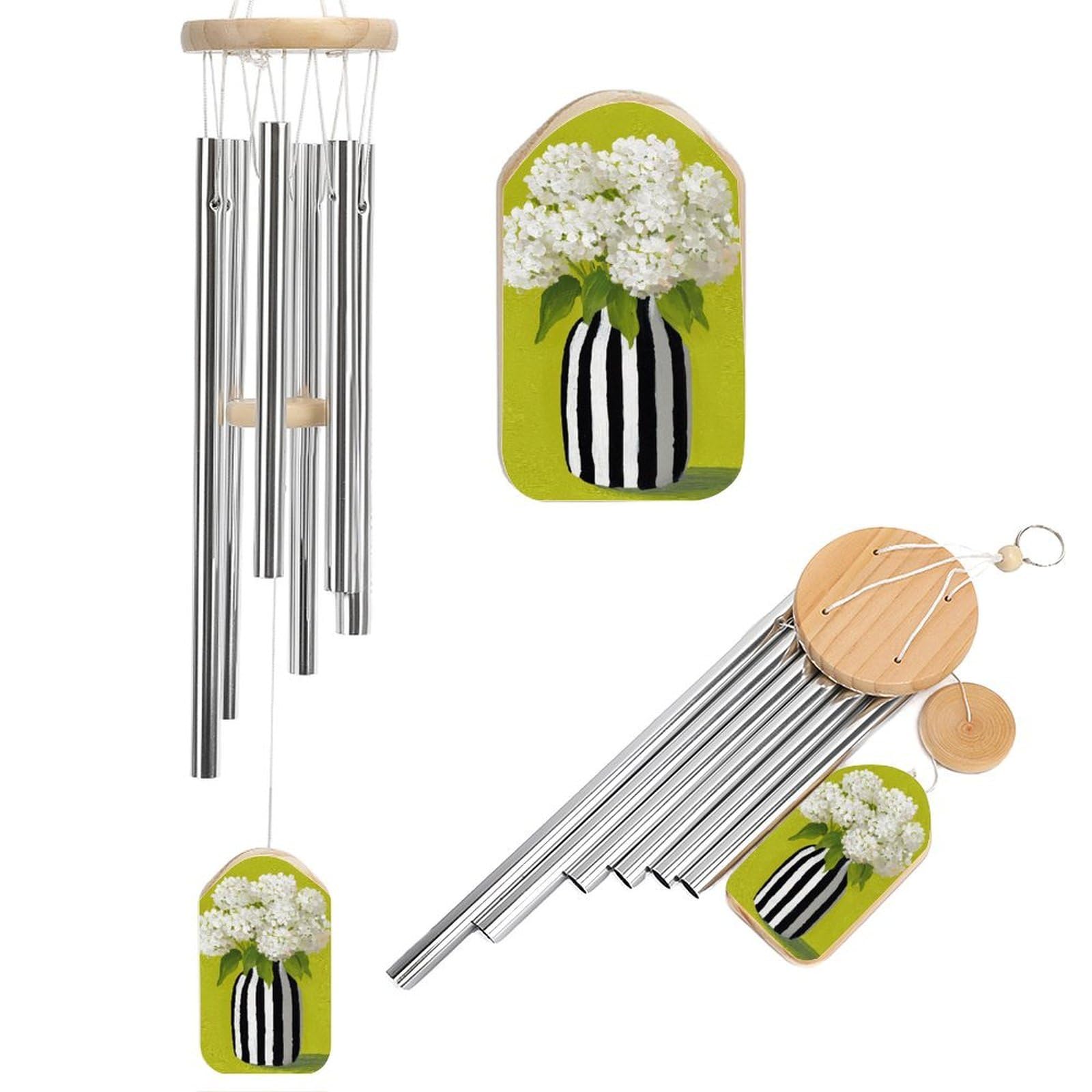 White Hydrangea in Black Striped Vase Wind Chimes Memorial Deep Tone Windchime with 6 Aluminum Tubes Outdoor Backyard Garden Decoration