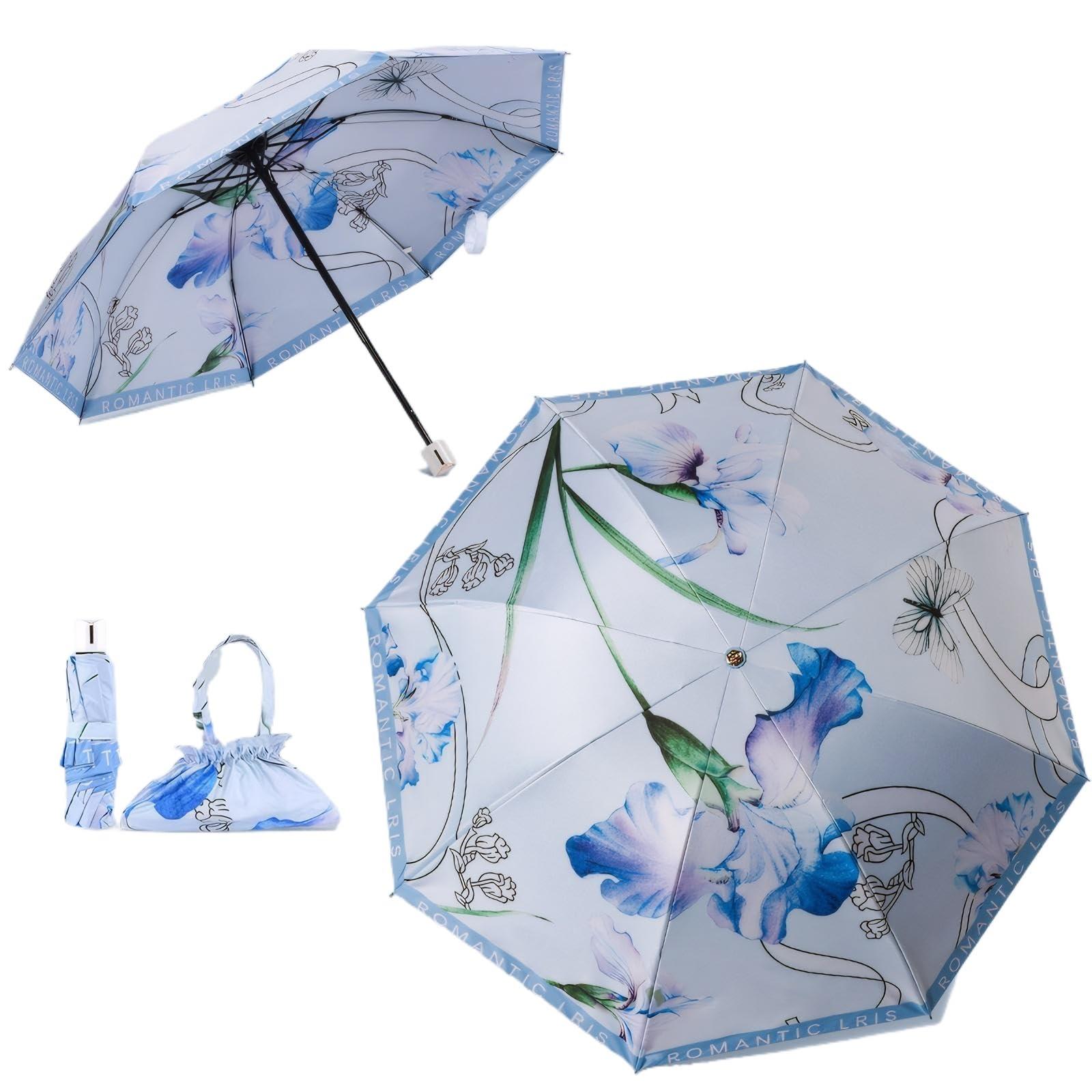 Ombrello con una borsetta UPF50+ Protezione UV portatile leggero impermeabile a doppio strato migliorato antivento retrò classico fiore stile vintage per donne viaggi
