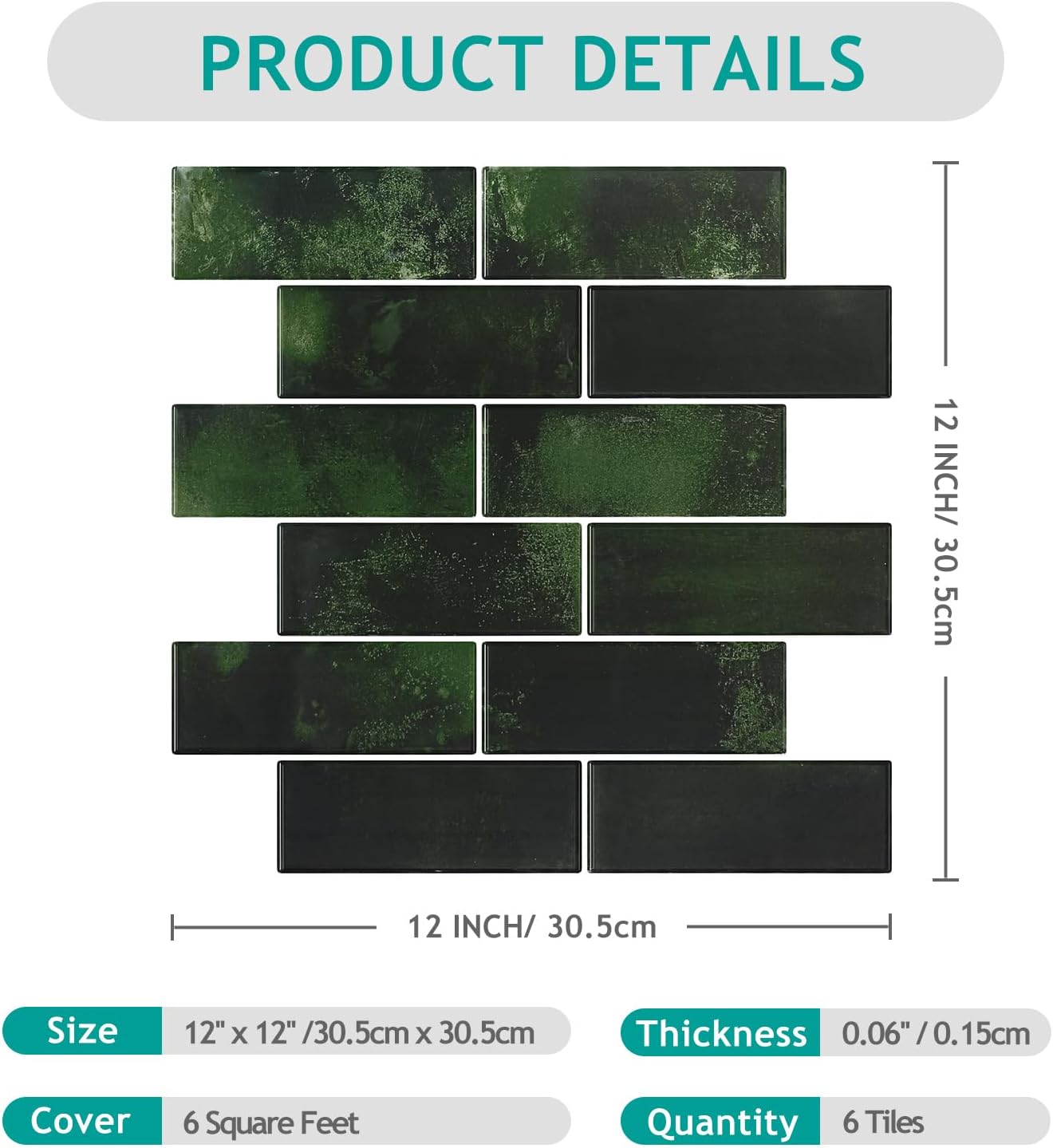 VEELIKE Vintage Green Peel and Stick Backsplash for Kitchen Subway Tile Stickers for Bathroom Laundry Room 6-Sheets Waterproof Adhesive Backsplash Stick on Tile for Walls Fireplace Hallway 12''x12''