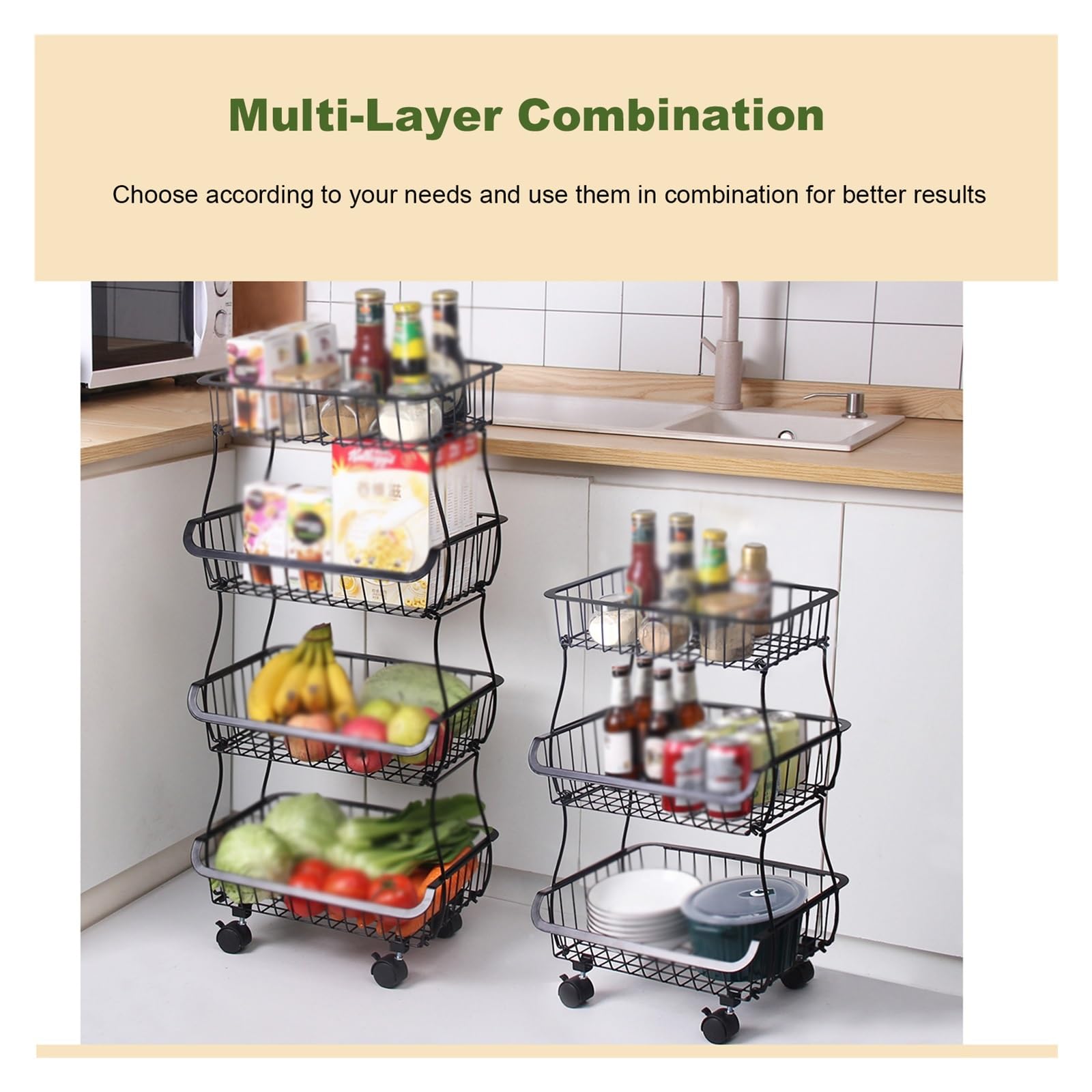 Estante para almacenar bocadillos, cesta para frutas y verduras de 5 niveles para cocina, organizador de alambre de metal apilable, soporte para bocadillos de dulces con ruedas, carrito organizador