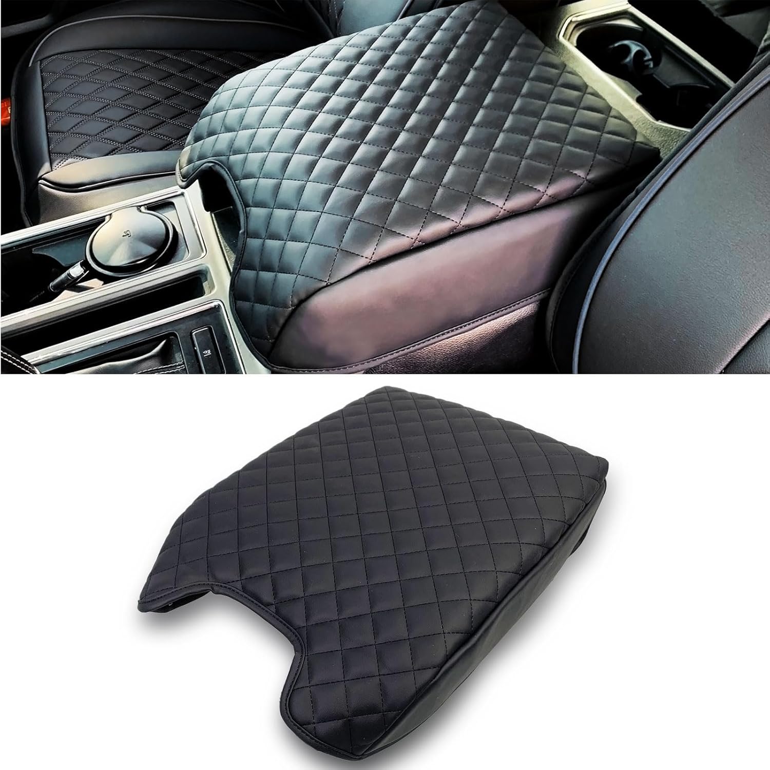 Center Console Cover Compatible with 2015-2020 Ford F150 2017-2022 F250 F350 F450 and 2018-2023 Expedition with Bucket Seat, PU Leather Armrest Cover for Car Truck Accessories
