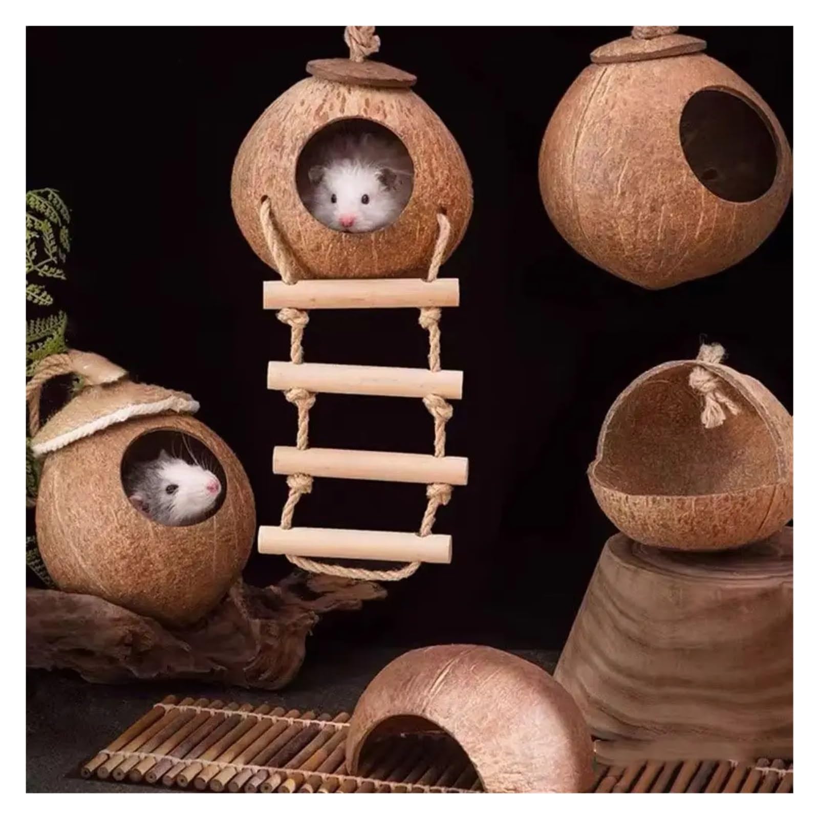 Nido de pájaro de Concha de Coco Jaula for pájaros de Coco Duradera y Transpirable con Escalera, escondite for Loros, Resistente a mordeduras hámster(-L-Rough Surface)